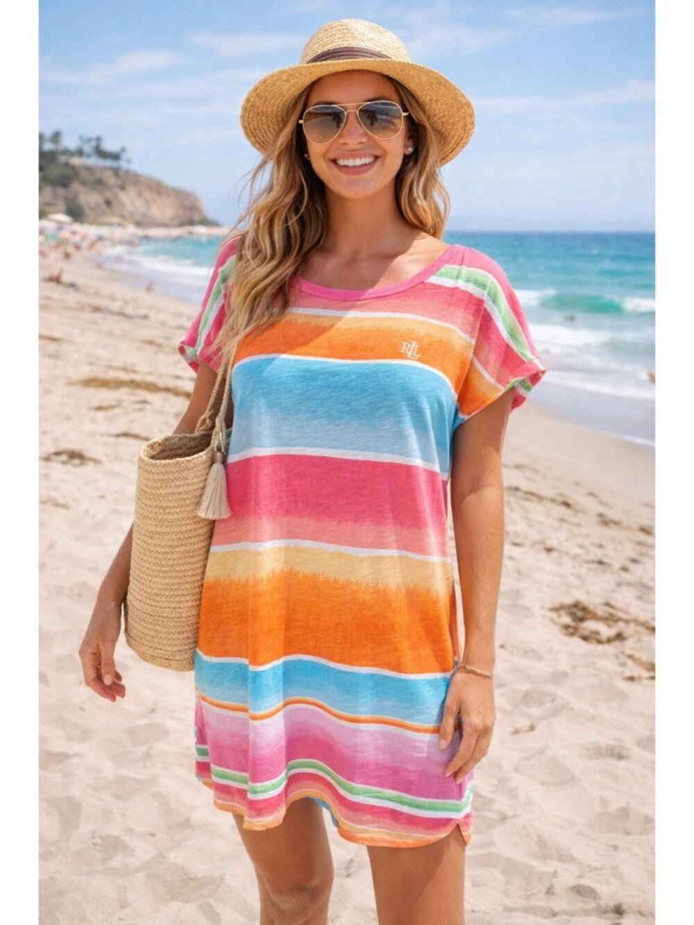 Lauren Ralph Lauren Multicolor Striped Cotton Short-Sleeve T-Shirt Dress M Beach